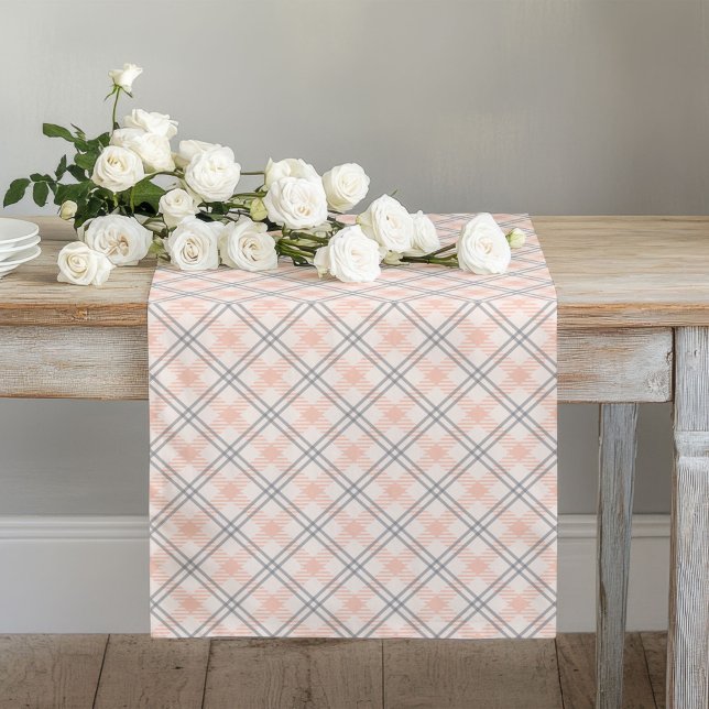 Delicate Peach Coral and Grey Tartan Pastel Plaid  Long Table Runner (Delicate Peach Coral and Grey Tartan Pastel Plaid Long Table Runner)