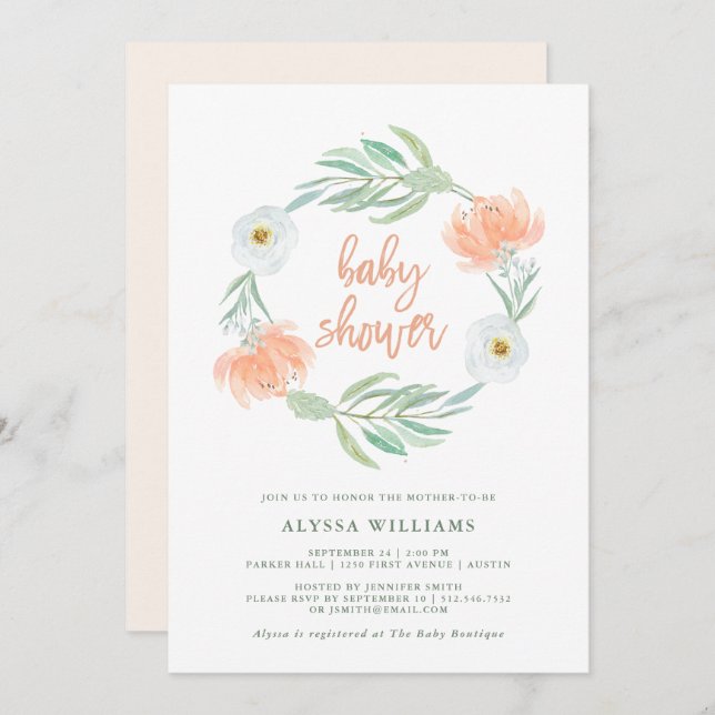 Delicate Peach Floral and Eucalyptus | Baby Shower Invitation (Front/Back)
