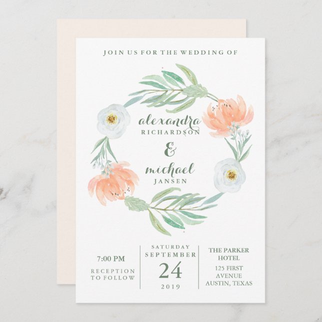 Delicate Peach Floral and Eucalyptus | Wedding Invitation (Front/Back)