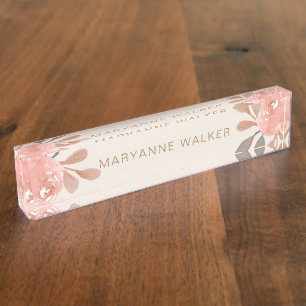 Delicate Peach Floral Monogram Desk Nameplate