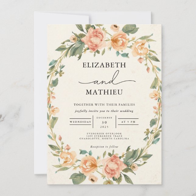 Delicate Peach Floral Oval Frame Wedding Invitation (Front)