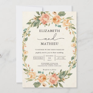 Delicate Peach Floral Oval Frame Wedding Invitation