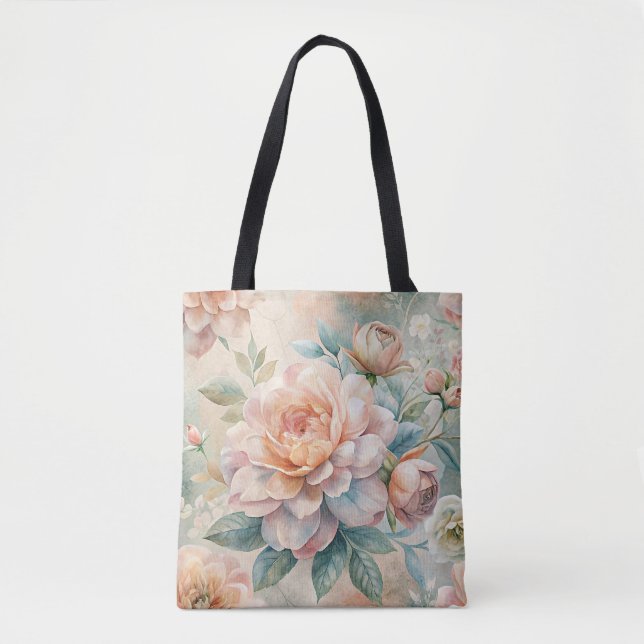 Delicate Peach Tone Floral Watercolor  Tote Bag (Front)