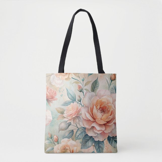 Delicate Peach Tone Floral Watercolor  Tote Bag (Front)