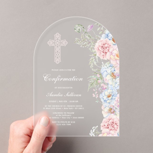 Delicate Peonies Arch Confirmation Acrylic Invitations (Insitu (Handheld))
