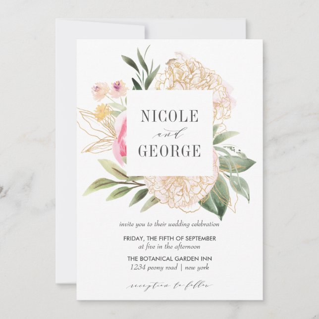 Delicate Peony Gold Geometric Watercolor wedding Invitation (Front)