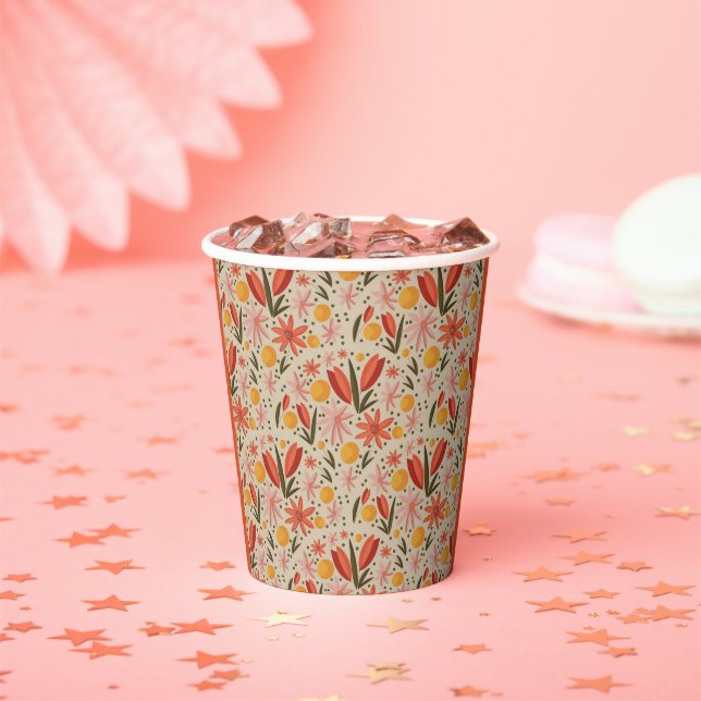 Delicate pink and orange floral paper cups (Insitu)