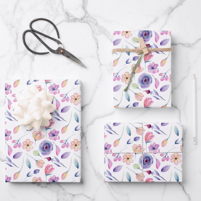 Delicate Pink and Purple Florals  Wrapping Paper Sheet (Front)
