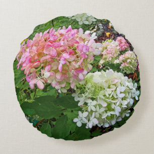 Delicate Pink and White Hydrangea Round Cushion
