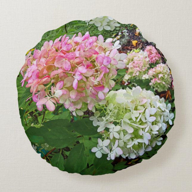 Delicate Pink and White Hydrangea Round Cushion (Back)