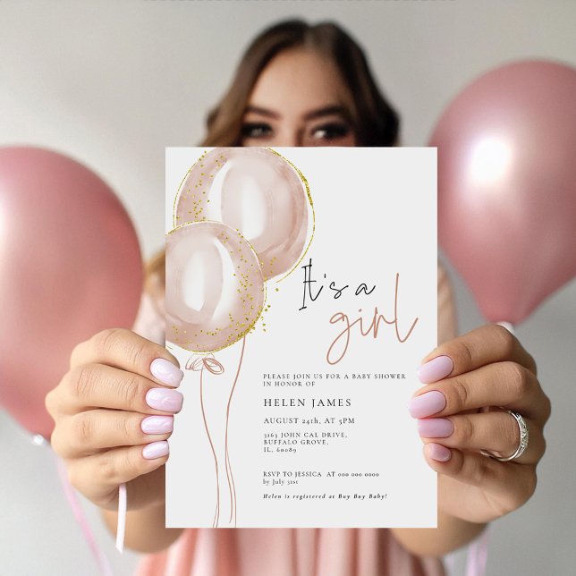 Delicate Pink BalloonGirl Elegant Baby Shower Invitation (Creator Uploaded)