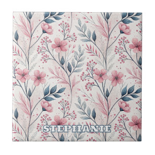 Delicate Pink Blossoms with Muted Blue Foliage Ceramic Tile