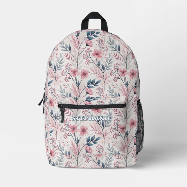 Delicate Pink Blossoms with Muted Blue Foliage Printed Backpack (Front)