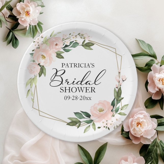 Delicate Pink Blush Floral Geometric Bridal Shower Paper Plate (Creator Uploaded)