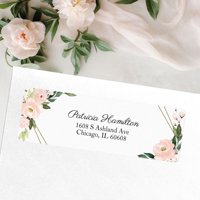 Delicate Pink Blush Floral Gold Geometric  Return Address Label (Creator Uploaded)
