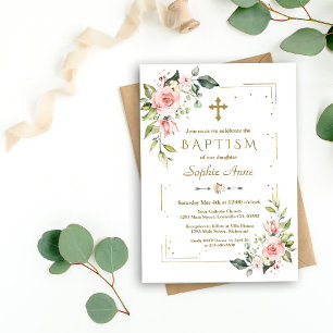 Delicate Pink Blush Flowers Gold Glitter Baptism Invitation