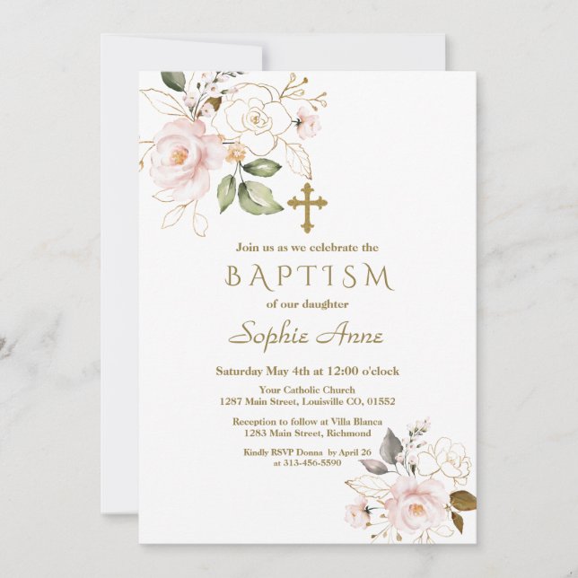 Delicate Pink Blush Gold Flowers Cross Baptism Invitation (Front)