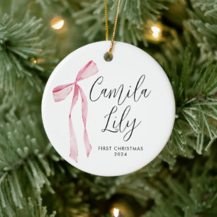 Delicate Pink Bow Baby Girl First Christmas  Ceramic Ornament