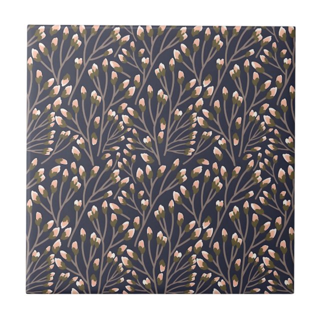 Delicate Pink Buds on Brown Branches Ceramic Tile (Front)