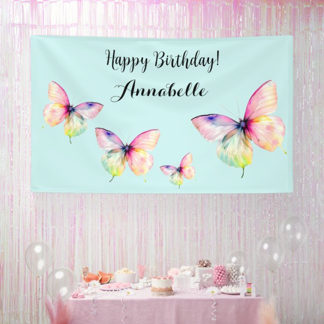 Delicate Pink Butterfly in Pastel Rainbow Colours Banner (Party)