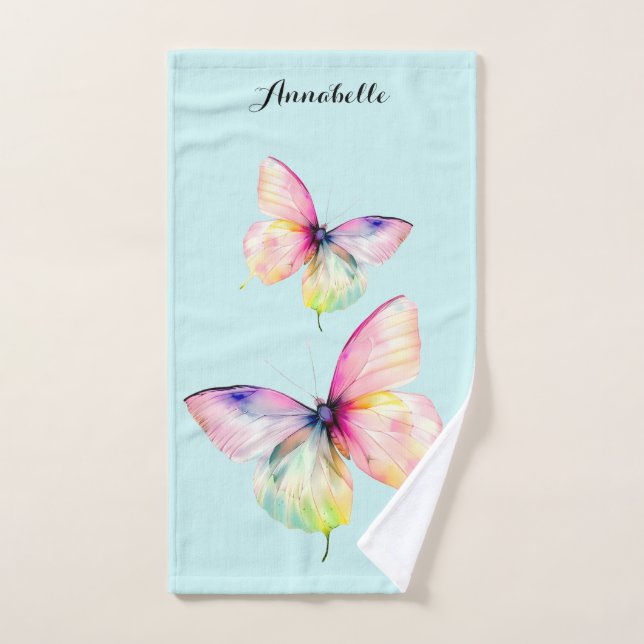Delicate Pink Butterfly in Pastel Rainbow Colours Bath Towel Set (Hand Towel)