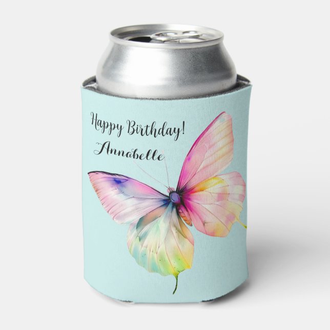Delicate Pink Butterfly in Pastel Rainbow Colours Can Cooler (Can Front)