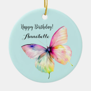 Delicate Pink Butterfly in Pastel Rainbow Colours Ceramic Ornament
