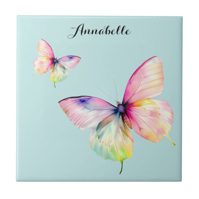 Delicate Pink Butterfly in Pastel Rainbow Colours Ceramic Tile (Front)
