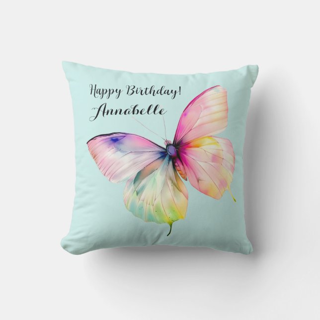 Delicate Pink Butterfly in Pastel Rainbow Colours Cushion (Front)