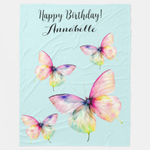 Delicate Pink Butterfly in Pastel Rainbow Colours Fleece Blanket