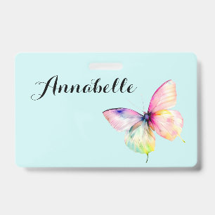 Delicate Pink Butterfly in Pastel Rainbow Colours ID Badge