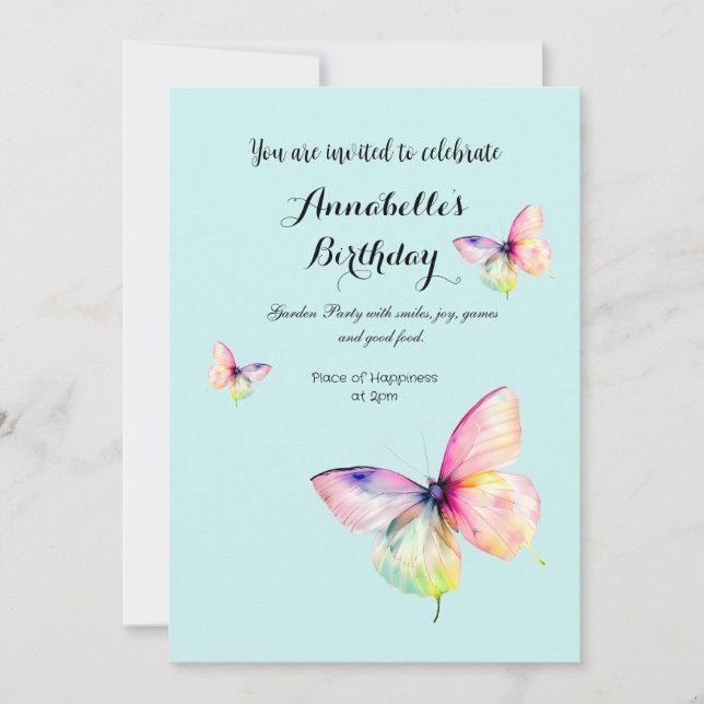 Delicate Pink Butterfly in Pastel Rainbow Colours Invitation (Front)