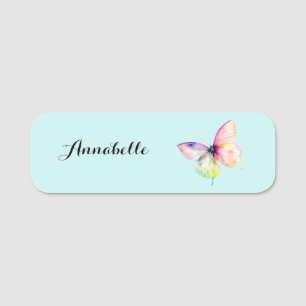 Delicate Pink Butterfly in Pastel Rainbow Colours Name Tag