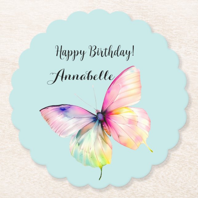 Delicate Pink Butterfly in Pastel Rainbow Colours Paper Coaster (Front)