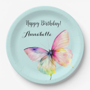 Delicate Pink Butterfly in Pastel Rainbow Colours Paper Plate