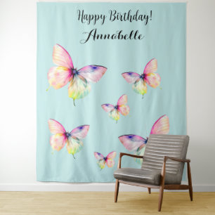 Delicate Pink Butterfly in Pastel Rainbow Colours Tapestry