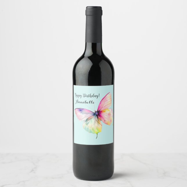 Delicate Pink Butterfly in Pastel Rainbow Colours Wine Label (Front)