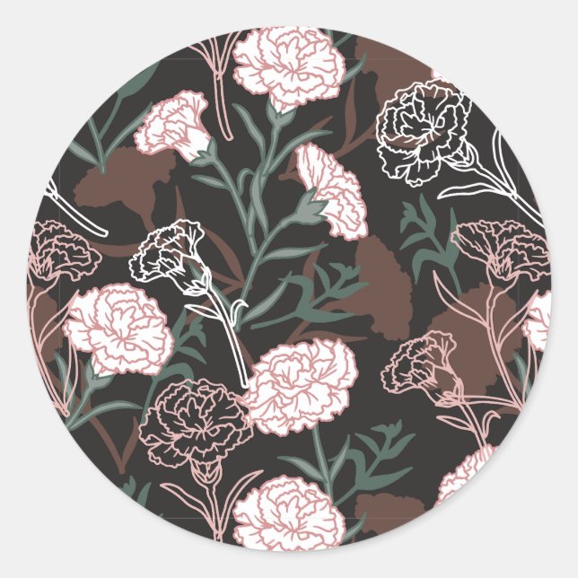  Delicate Pink Carnations with Green Leaves Floral Classic Round Sticker (Front)