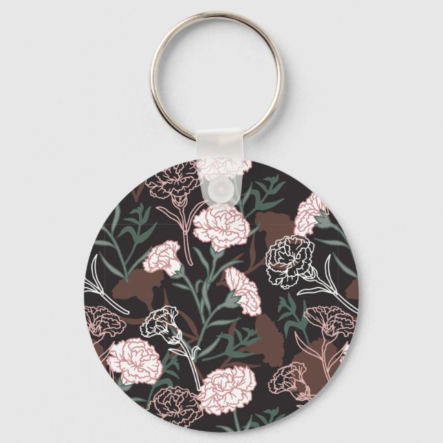  Delicate Pink Carnations with Green Leaves Floral Key Ring (Front)