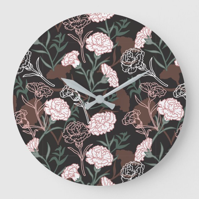  Delicate Pink Carnations with Green Leaves Floral Large Clock (Front)