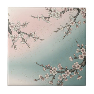 Delicate Pink Cherry Blossom Sakura Branches Ceramic Tile