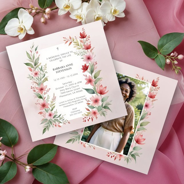 Delicate Pink Chic Botanical Wildflower Funeral Invitation (Delicate Pink Shades Cherish Botanical Wildflowers Branches Photo Funeral Invitations Cards.)