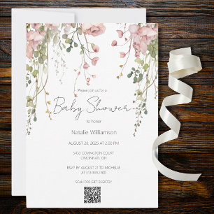 Delicate Pink Floral Baby Shower QR Code Invitation