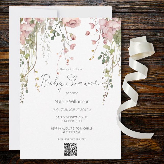 Delicate Pink Floral Baby Shower QR Code  Invitation (Also available without QR code. )