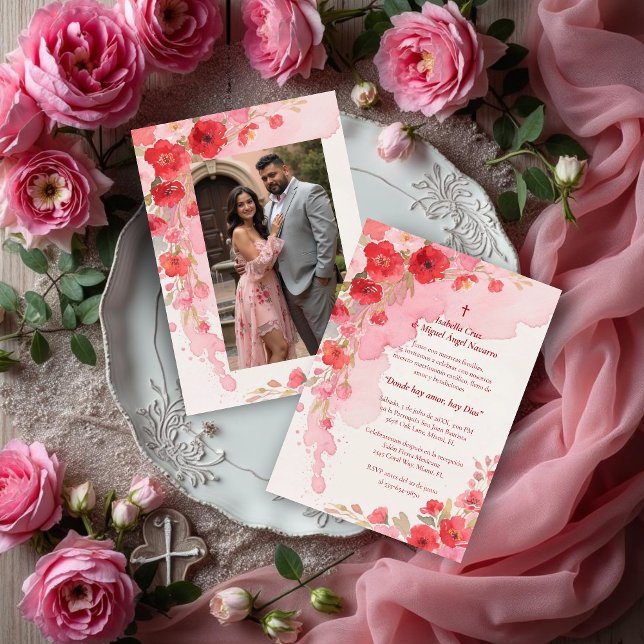 Delicate Pink Floral Frame Christian Catholic Invitation (Delicate Pink Floral Frame Christian Catholic Wedding Invitation Cards in Spanish with Back Photo.)