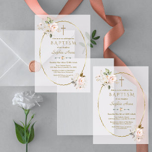 Delicate Pink Floral Gold Frame Baptism Vellum Invitations