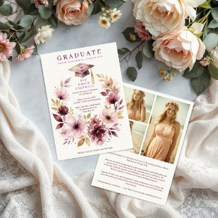 Delicate Pink Floral Wreath Graduation Cap  Invitation