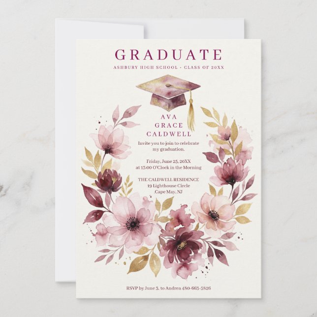 Delicate Pink Floral Wreath Graduation Cap  Invitation (Front)