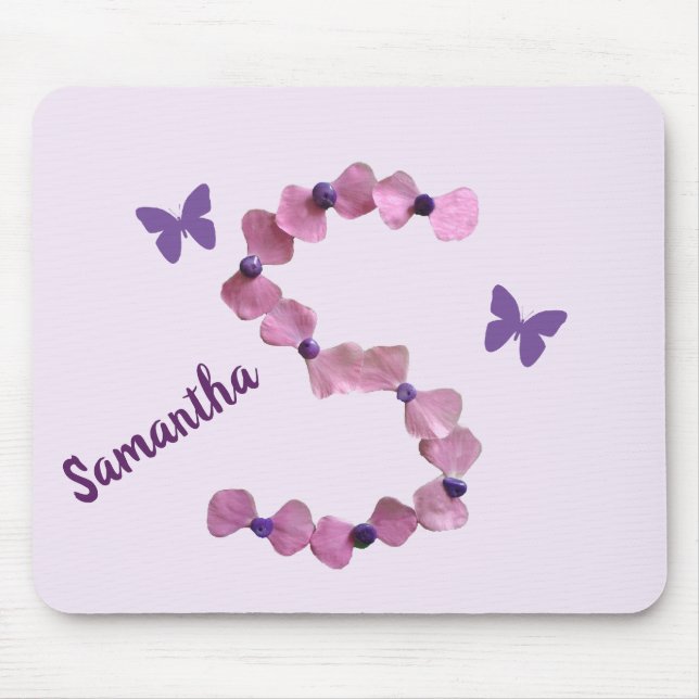 Delicate Pink Flower Monogram S Butterfly Floral Mouse Pad (Front)