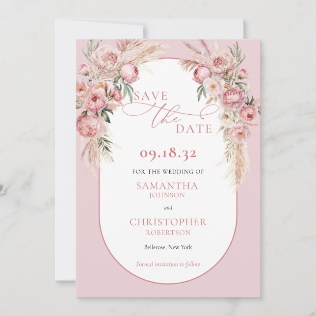 Delicate pink flowers boho arch pampas eucalyptus save the date (Front)